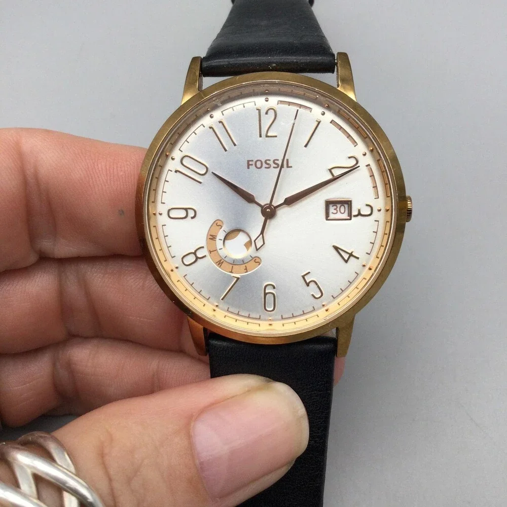 Fossil ES3751 Womens Watch 40mm Silver Gold Tone Black Leather Date New Battery